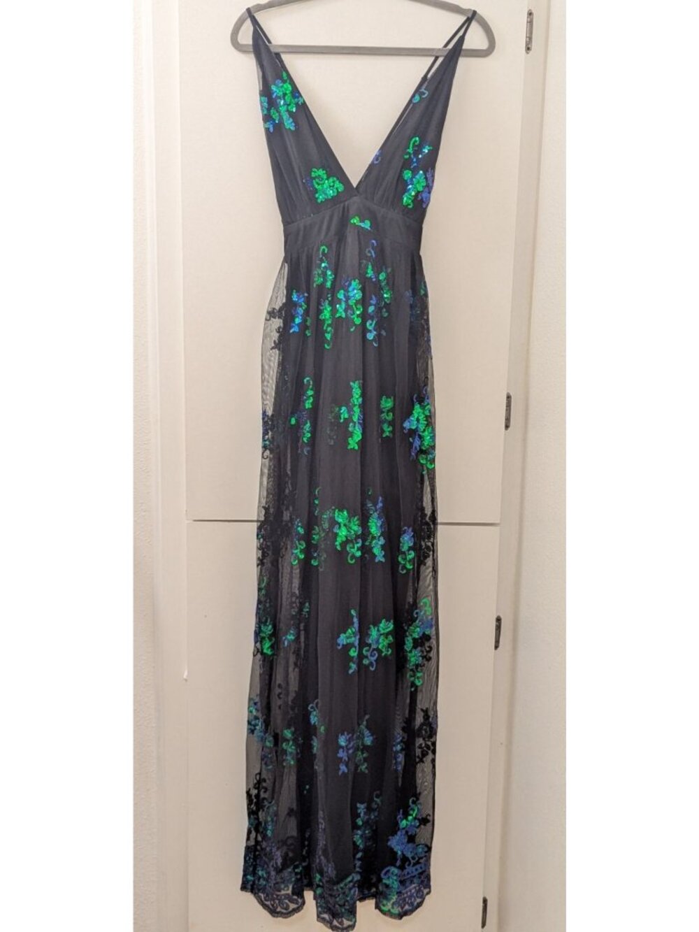 Black Maxi Dress With Sequin Embellished Green & Blue Floral By Love & Lemonade